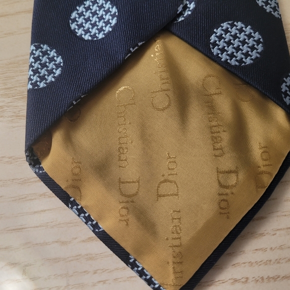 CHRISTIAN DIOR Navy Blue Vintage Tie with Light Blue Circles, Golf Balls - Picture 7 of 8